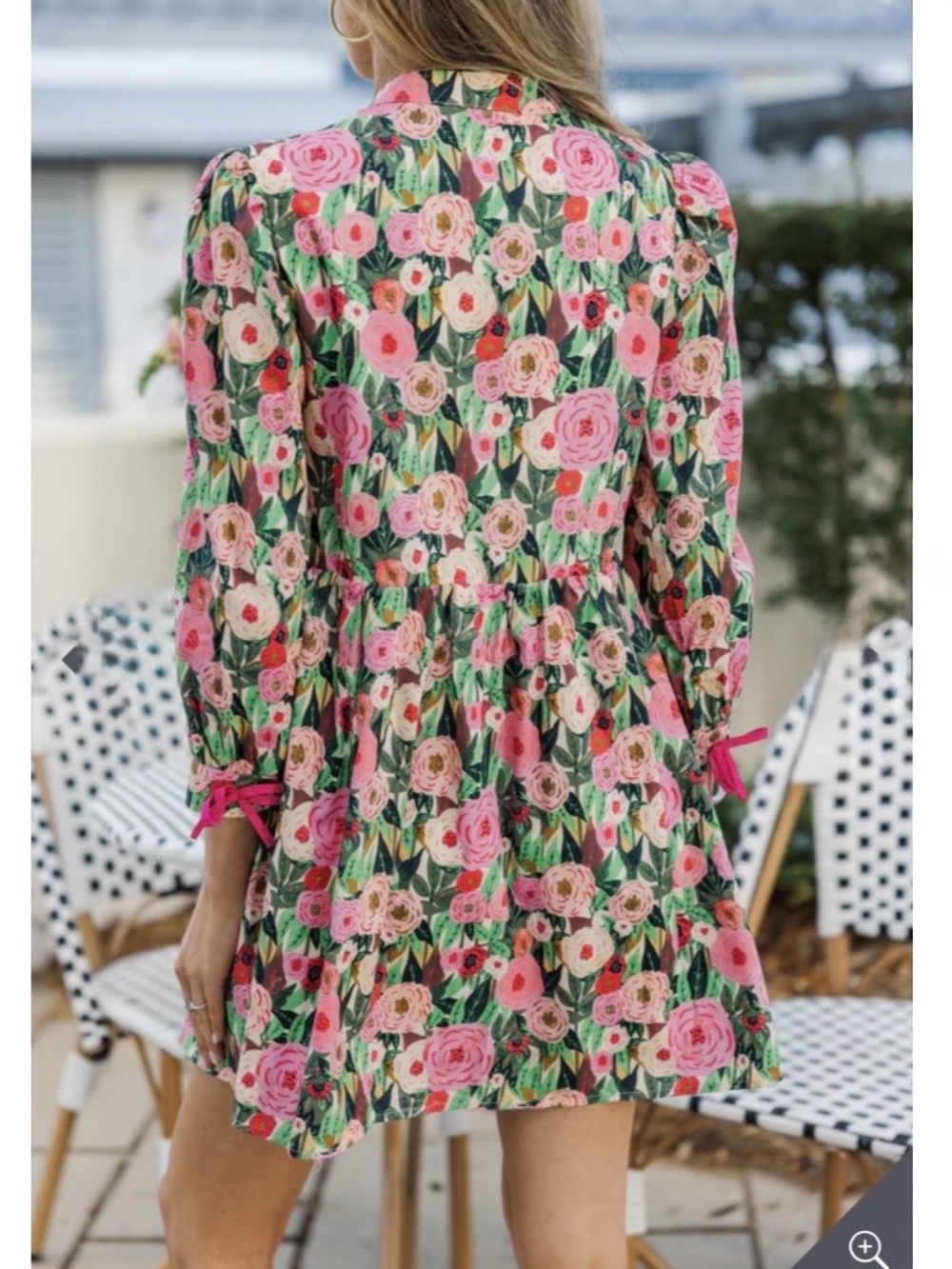 Shop The Mint Floral Bow Front Mini Dress Pink, Green, Yellow Small 3/4 Sleeves - Picture 10 of 13